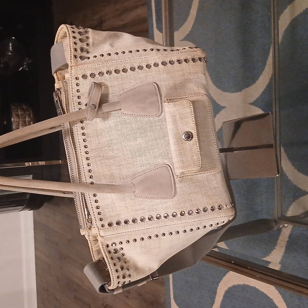 Prada Light Gray Denim Canapa Studded Tote Bag With Crossbody Strap - Picture 5 of 16